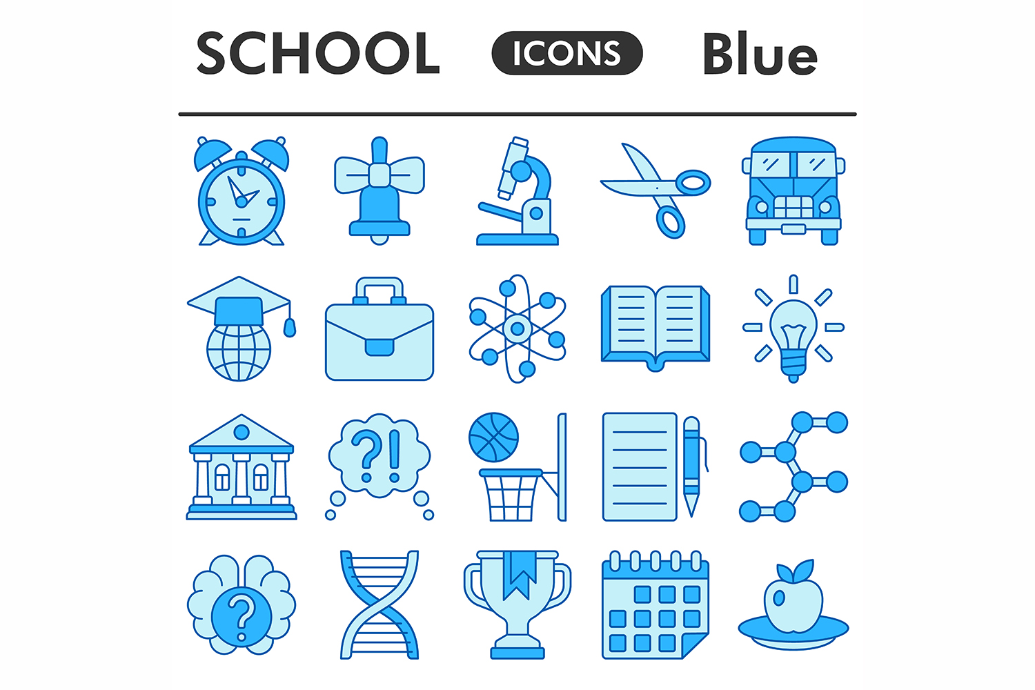 School icons set, blue style pinterest preview image.