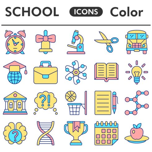 School icons set, color style cover image.