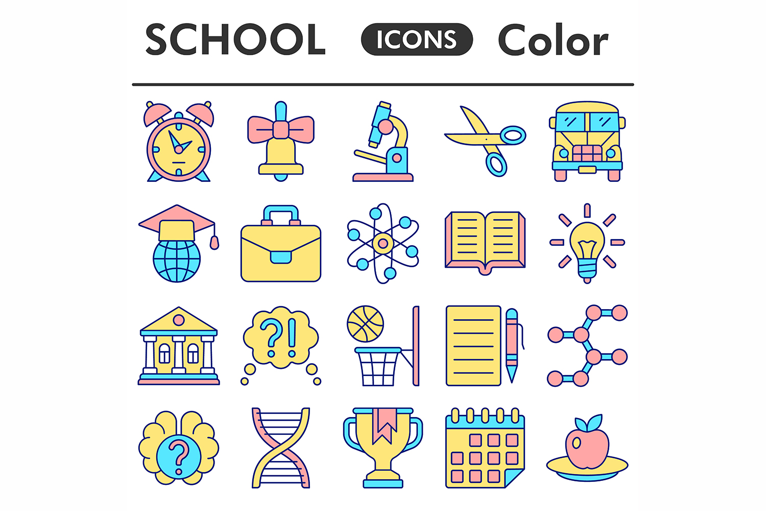 School icons set, color style pinterest preview image.