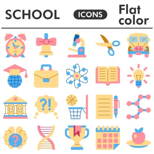 School icons set, flat color style cover image.