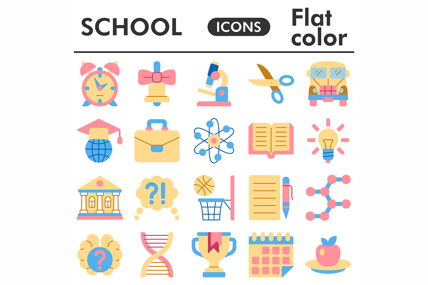 School icons set, flat color style pinterest preview image.