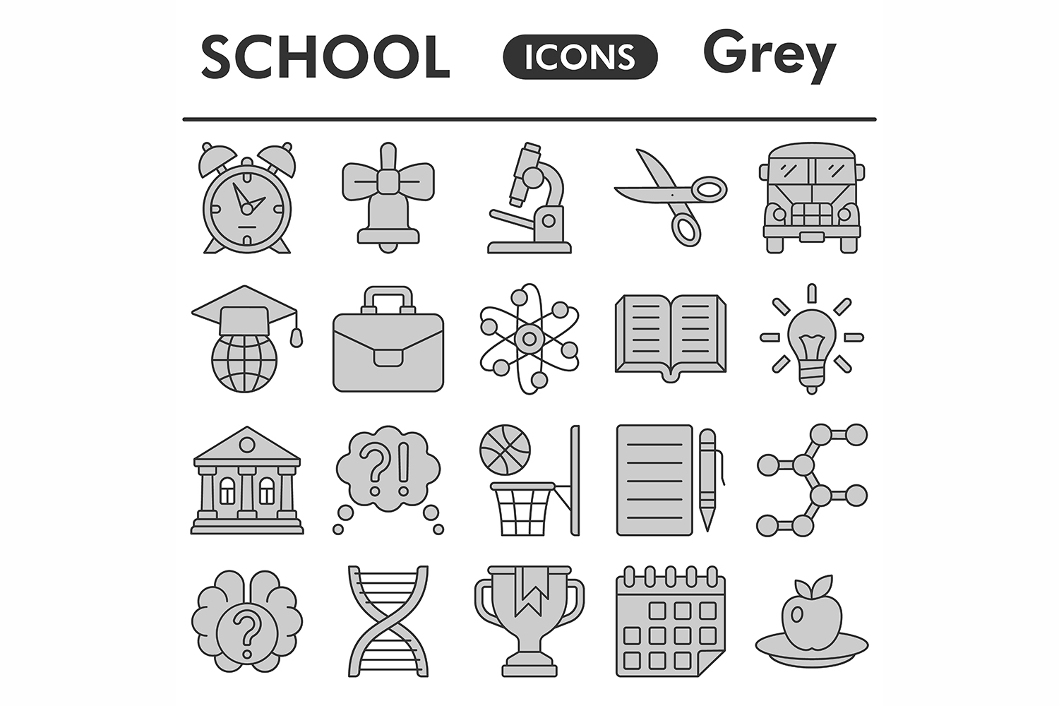 School icons set, gray style pinterest preview image.