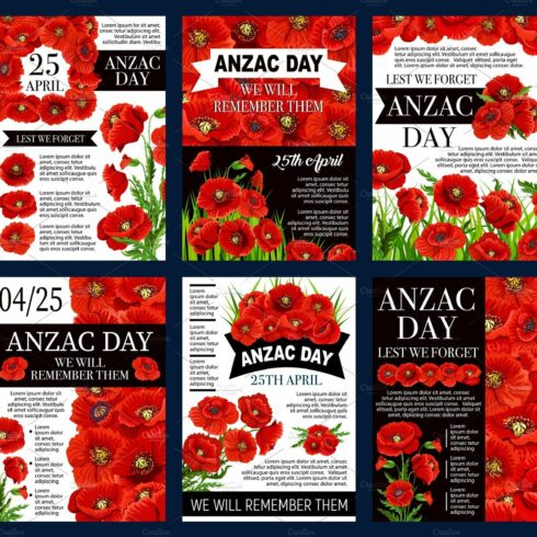 Anzac Day 25 April poppy flowers vector posters cover image.