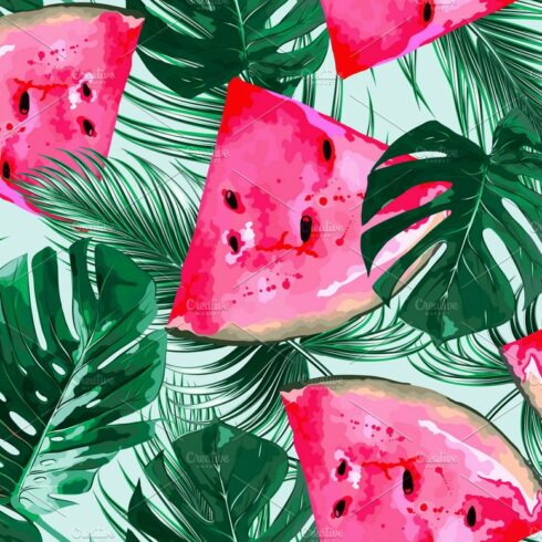 Watermelons,tropical leaves pattern cover image.