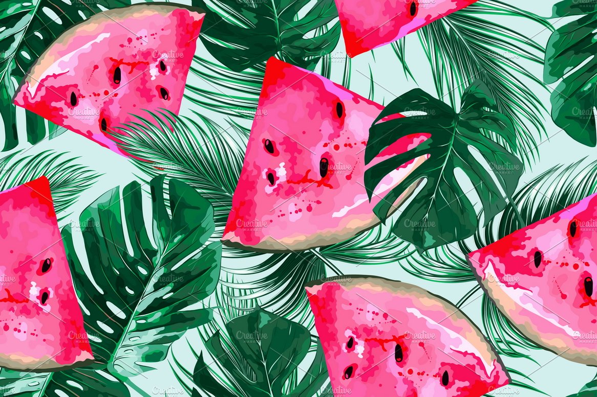 Watermelons,tropical leaves pattern cover image.