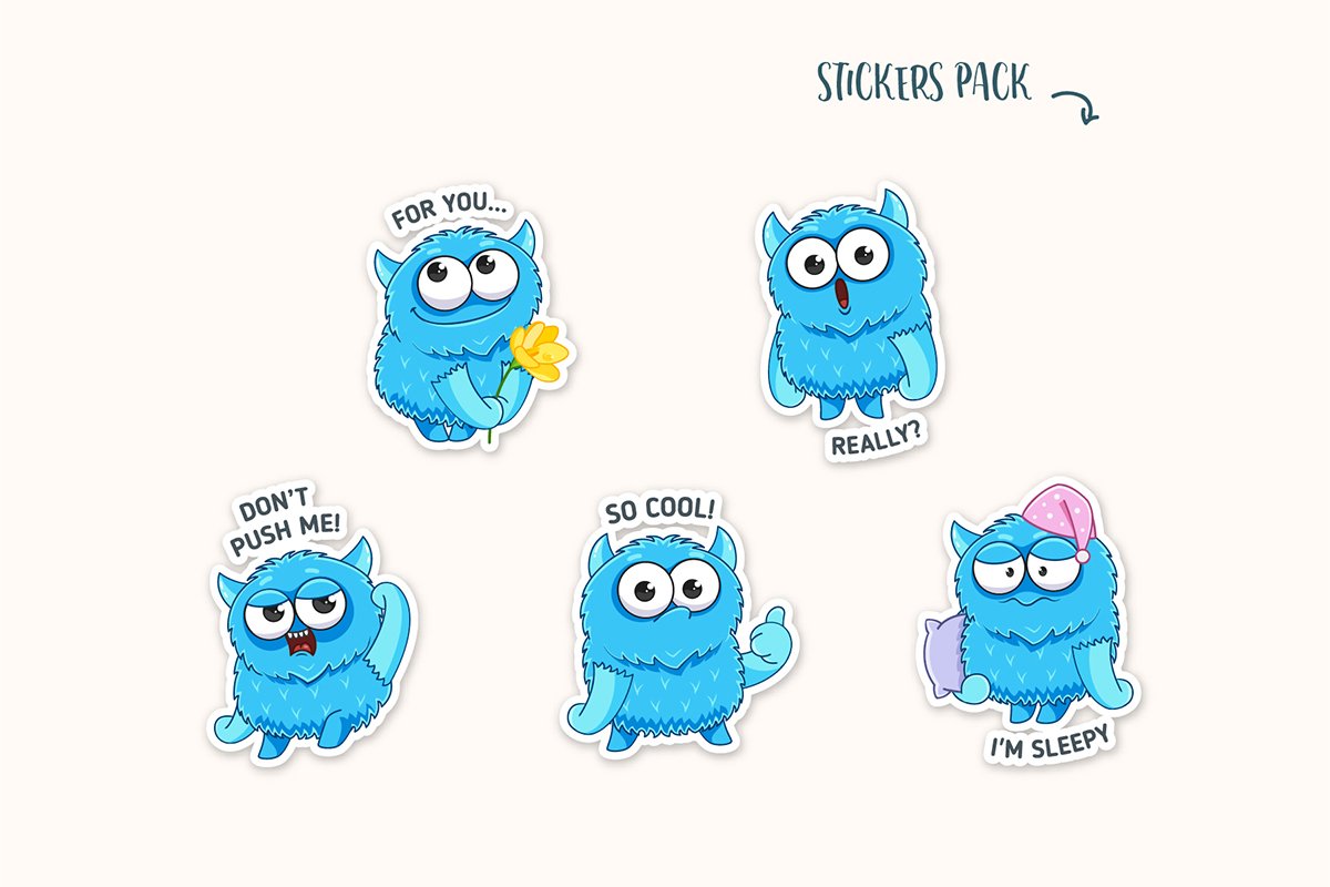 Blue Monster Emotional Stickers Set preview image.