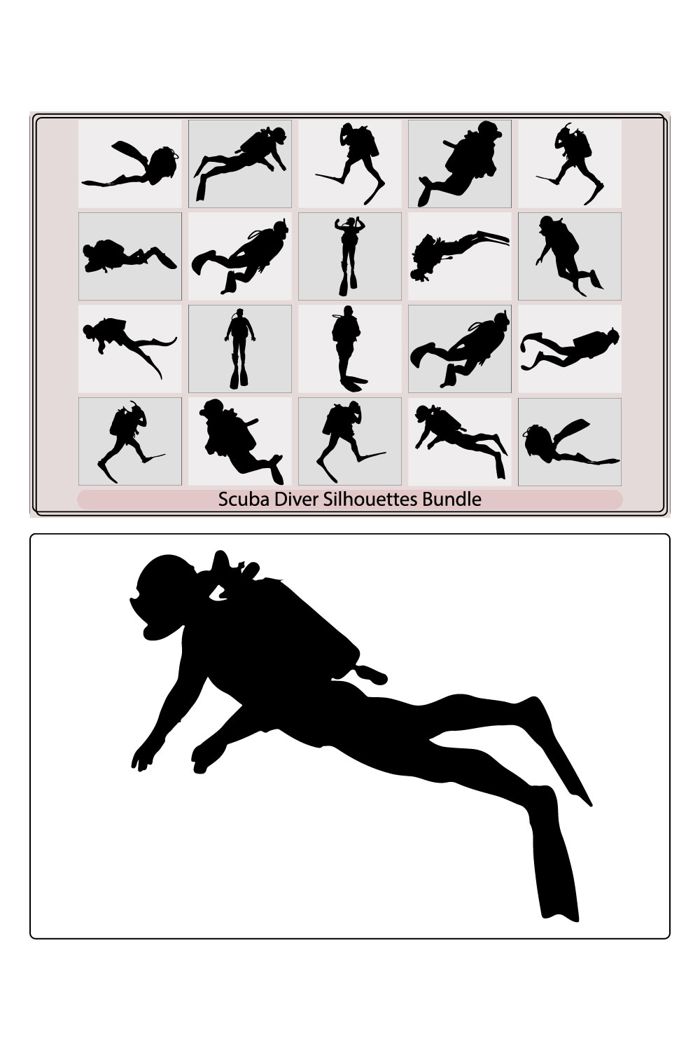 Scuba diving silhouette vector illustration isolated on white background,Black silhouette scuba divers Vector illustration,Scuba diving silhouette pinterest preview image.