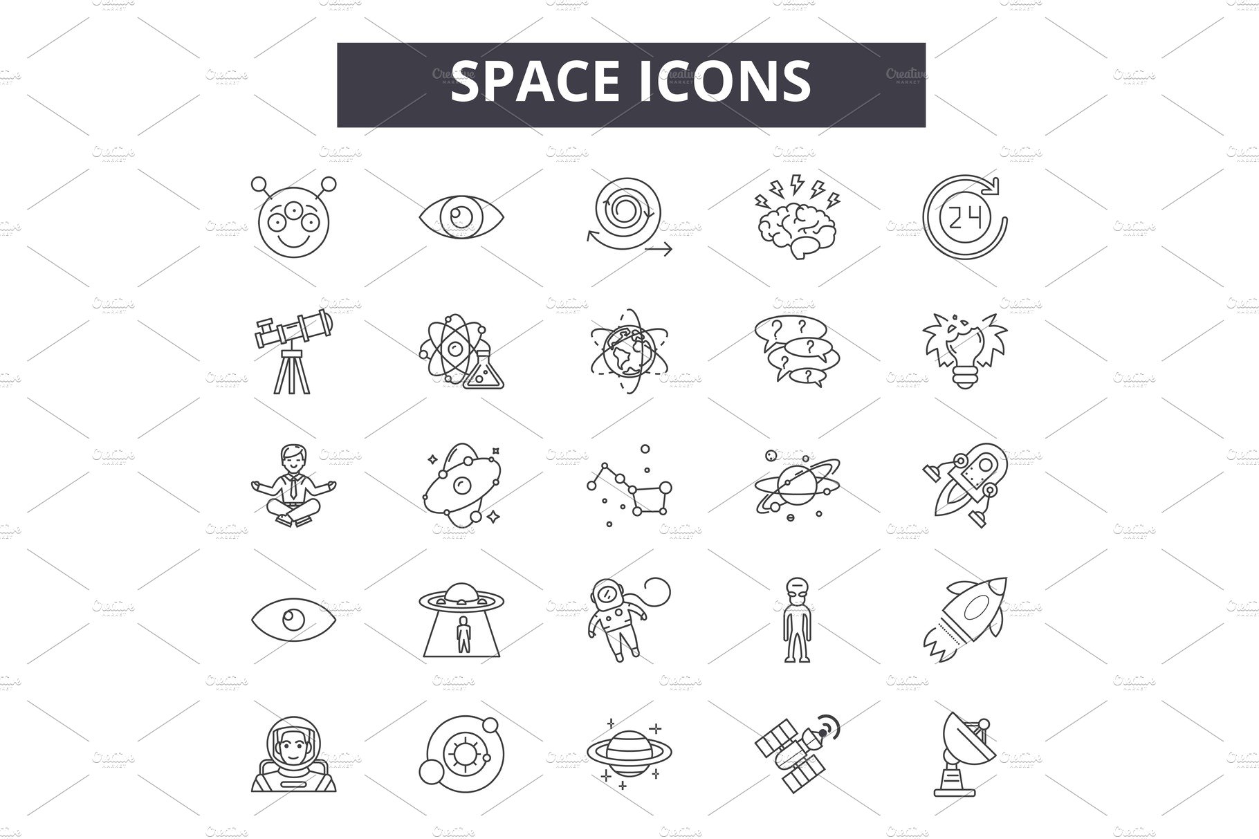 Space line icons, signs set, vector cover image.