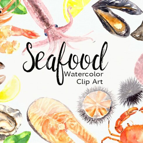 Watercolor Seafood Clip Art Set cover image.
