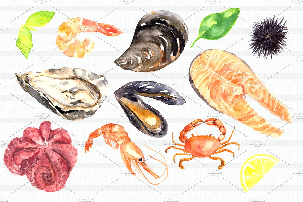 Watercolor Seafood Clip Art Set preview image.