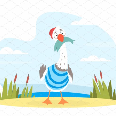 Funny Seagull Character with Fish cover image.