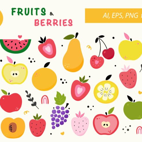 Set of bright fruits and berries cover image.