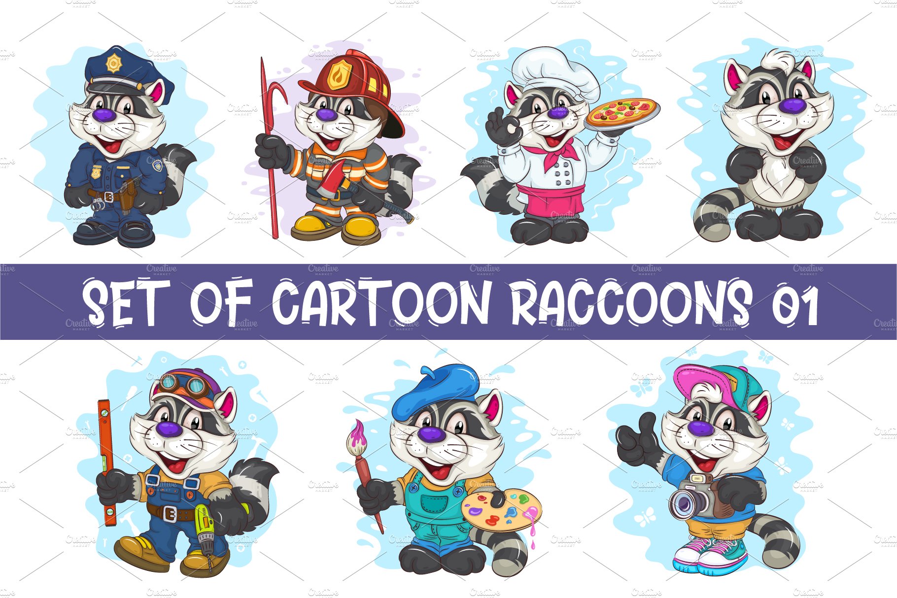 Set of Cartoon Raccoons 01. T-Shirt. cover image.