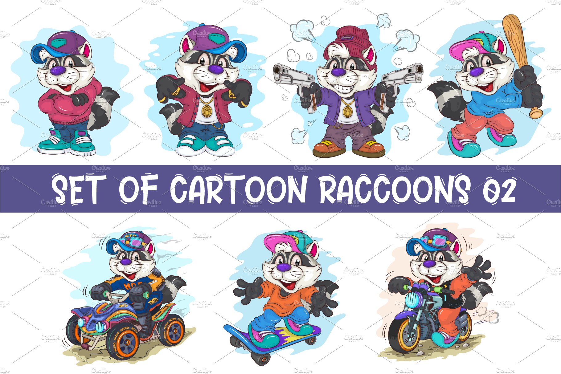 Set of Cartoon Raccoons 02. T-Shirt. cover image.