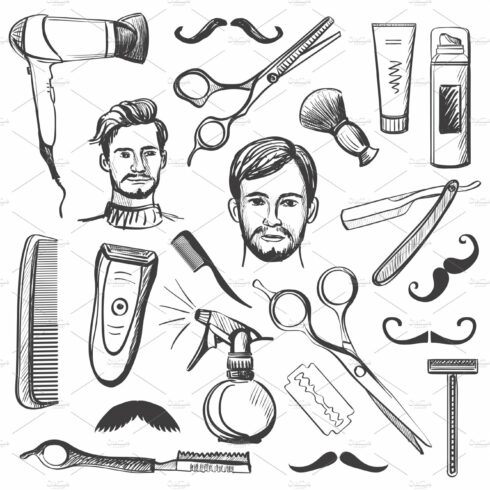 Set of vintage barber shop elements cover image.
