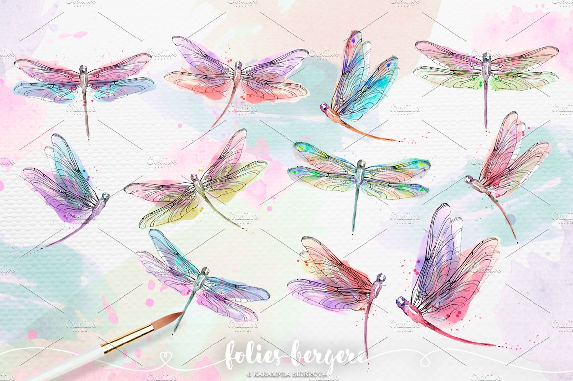 Watercolor Dragonflies Clipart preview image.