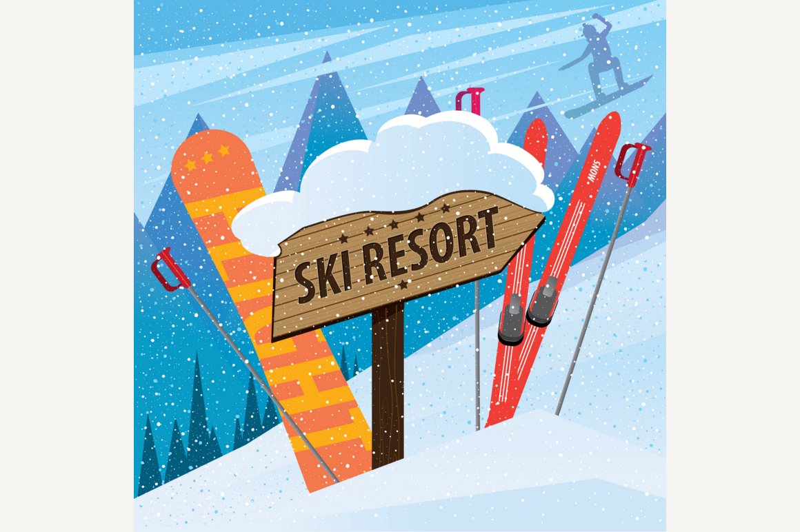 Snow slope with skis and snowboard cover image.