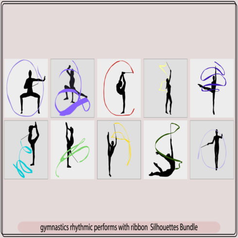 Young gymnast woman dance ribbon silhouette performing rhythmic gymnastics element,Set of rhythmic gymnastics silhouettes cover image.