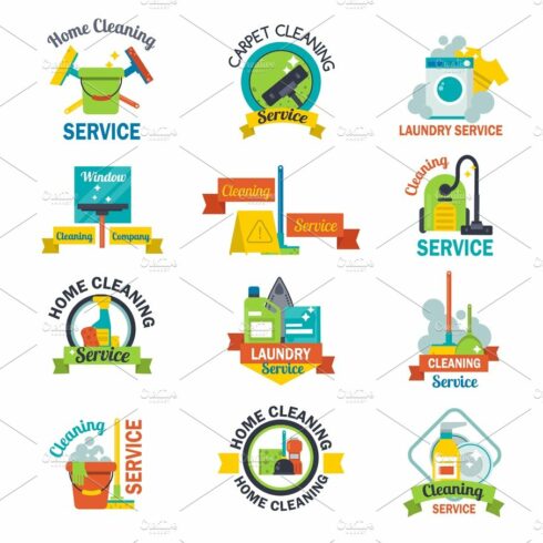 Set of cleaning service emblems labels design home household symbol work br... cover image.