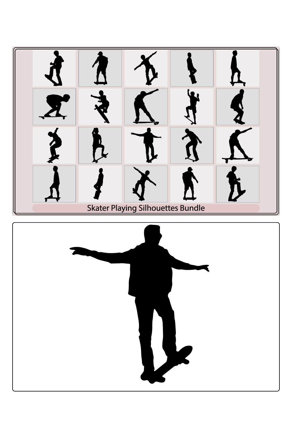 Time-lapse vector silhouette of a skateboarder,Black silhouettes of skateboarders Collection,Seven dynamic skateboarder silhouettes pinterest preview image.