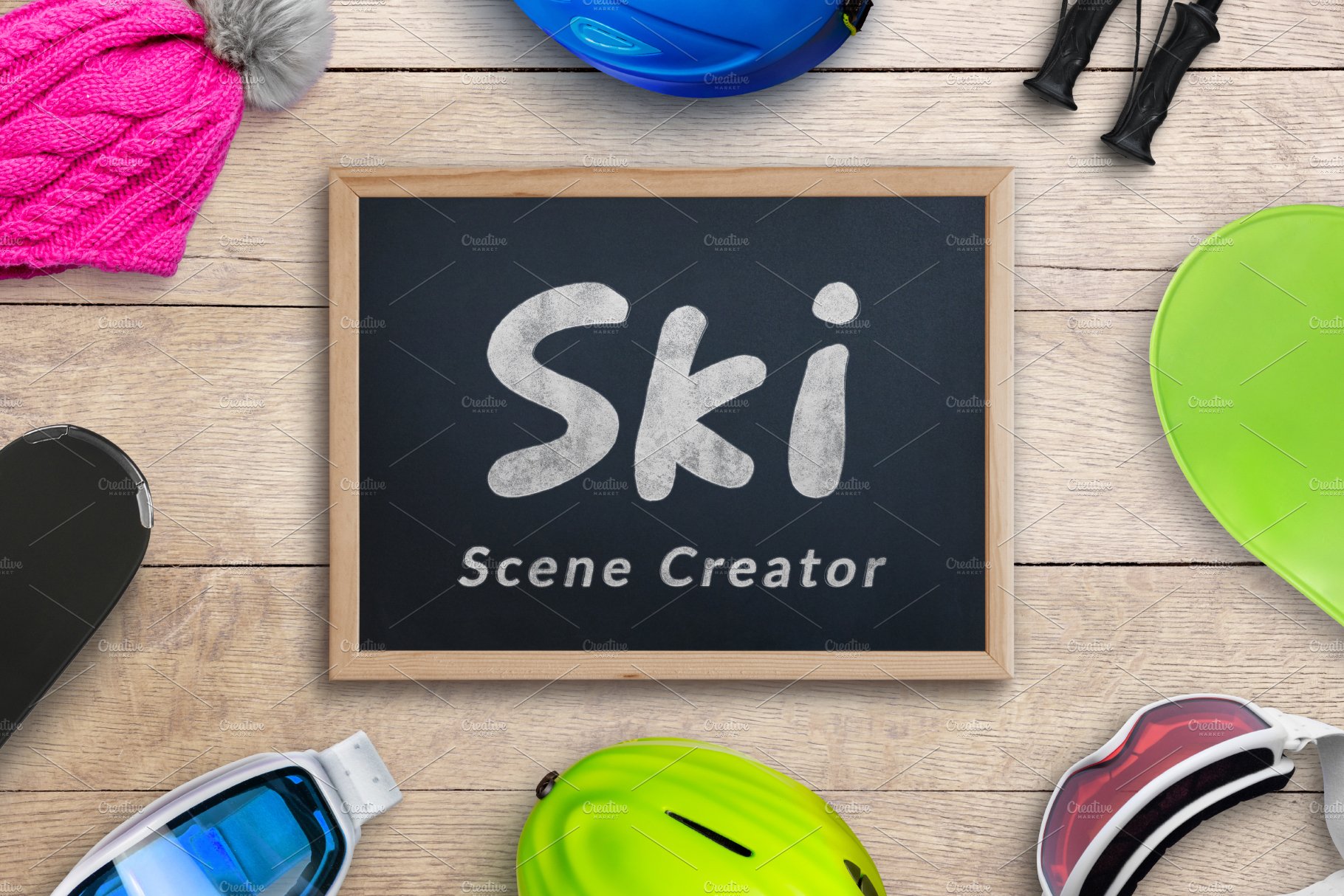 Ski scene creator with chalkboard cover image.