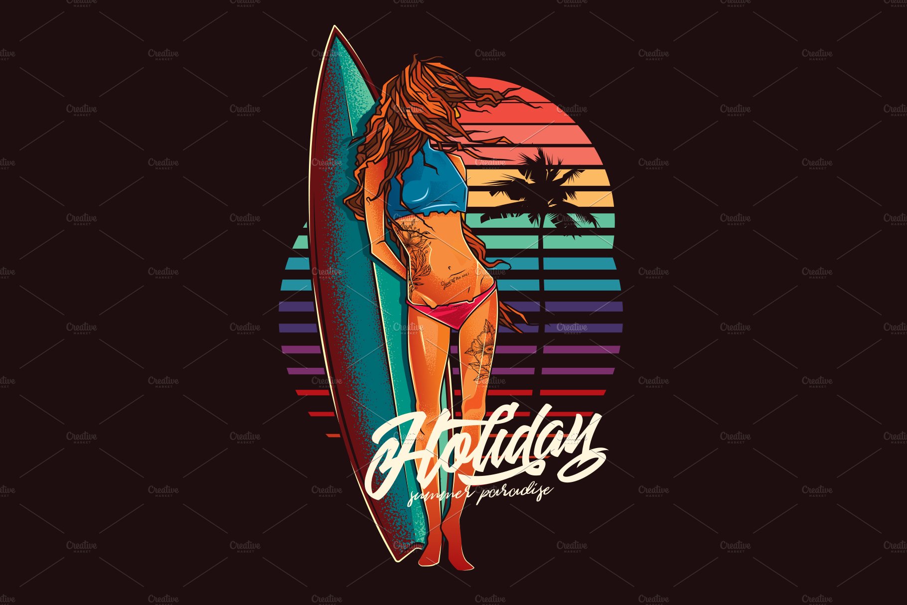 GIRL SURFING SUNSET T-SHIRT DESIGN cover image.