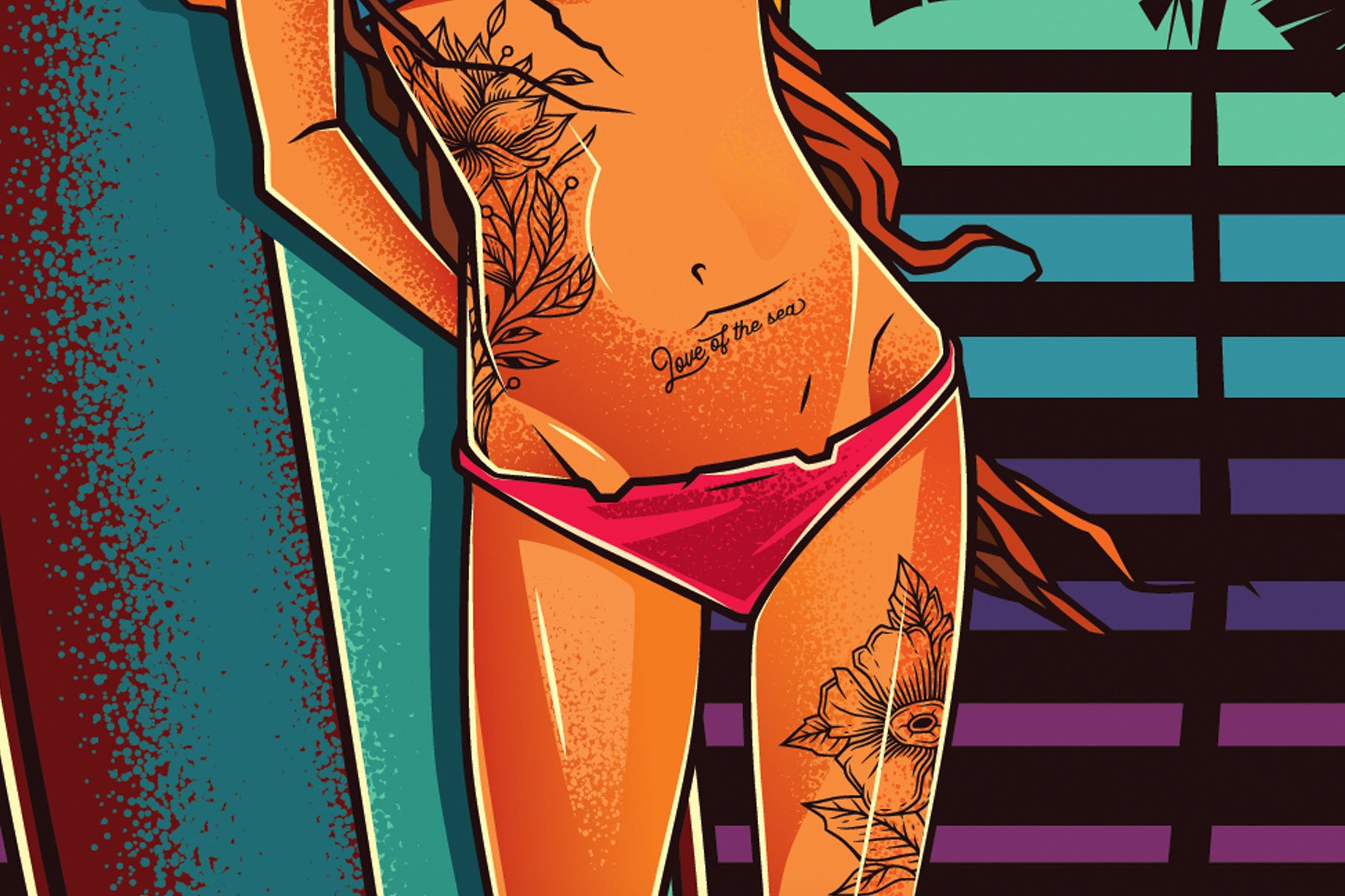 GIRL SURFING SUNSET T-SHIRT DESIGN preview image.