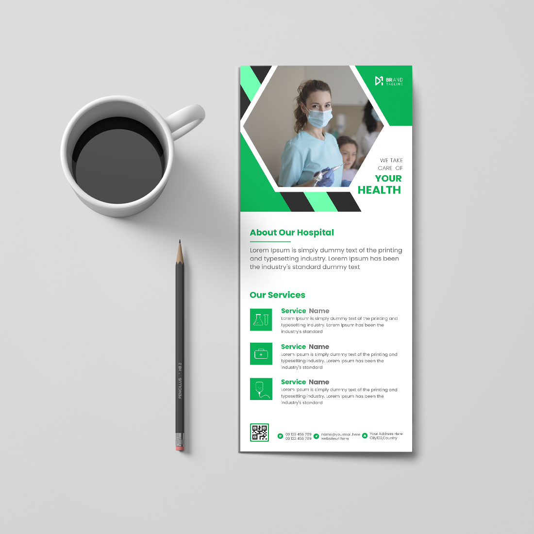 Green color medical rack card dl flyer design template cover image.