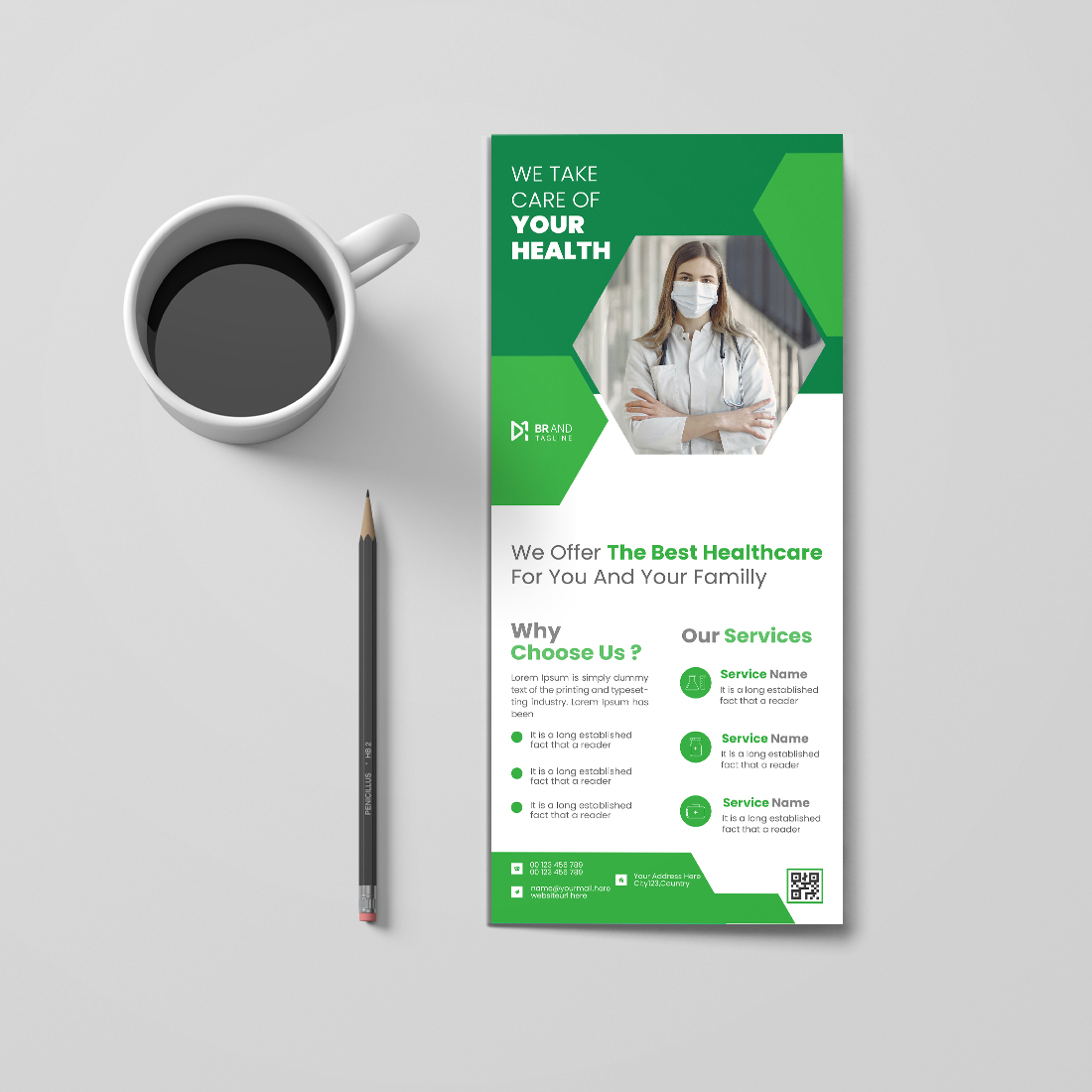 Green color medical rack card dl flyer design template cover image.