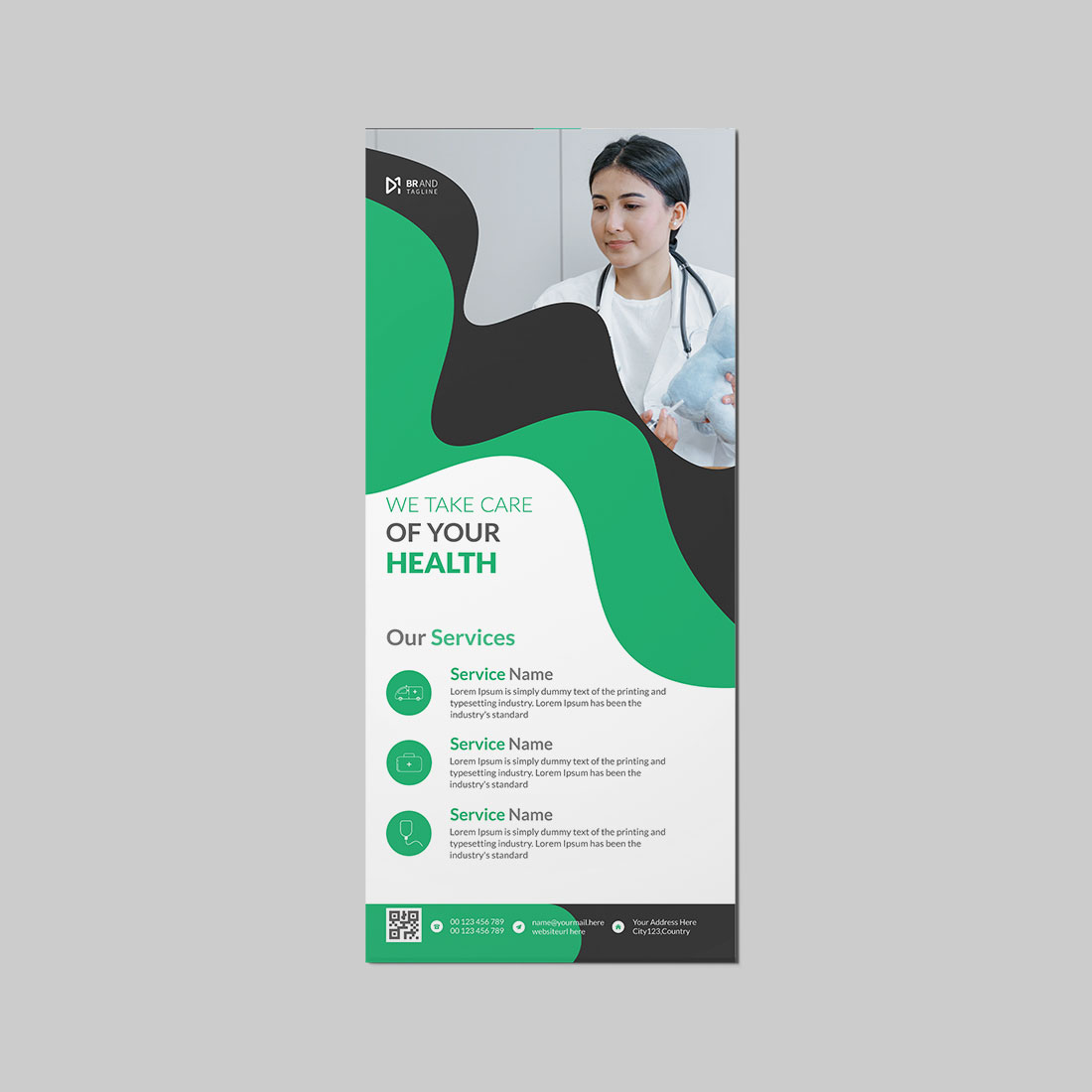 Medical rack card design with roll-up banner template preview image.