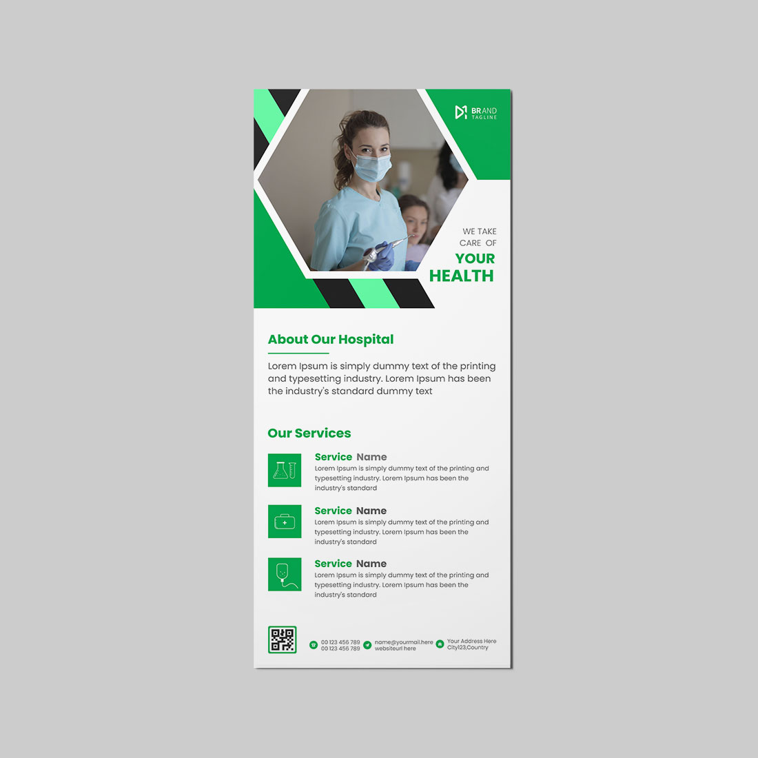 Green color medical rack card dl flyer design template preview image.