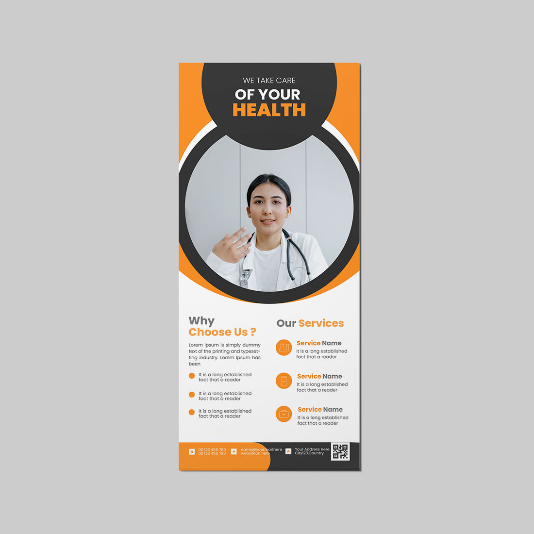 Orange color medical rack card dl flyer design template preview image.