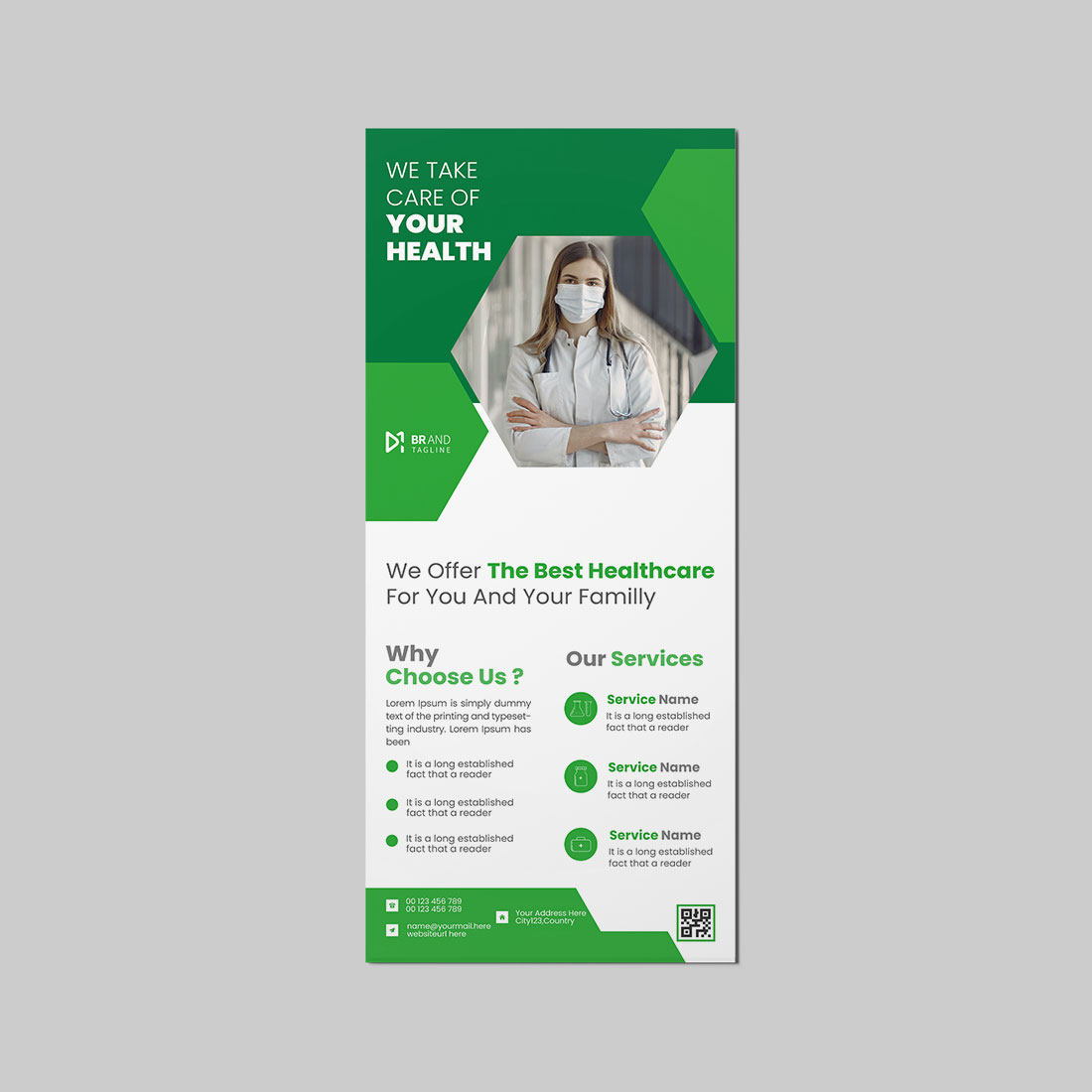 Green color medical rack card dl flyer design template preview image.