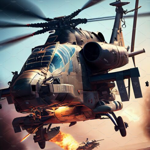 Helicopter Gunship Unleashing Missile attack. Military helicopter cover image.