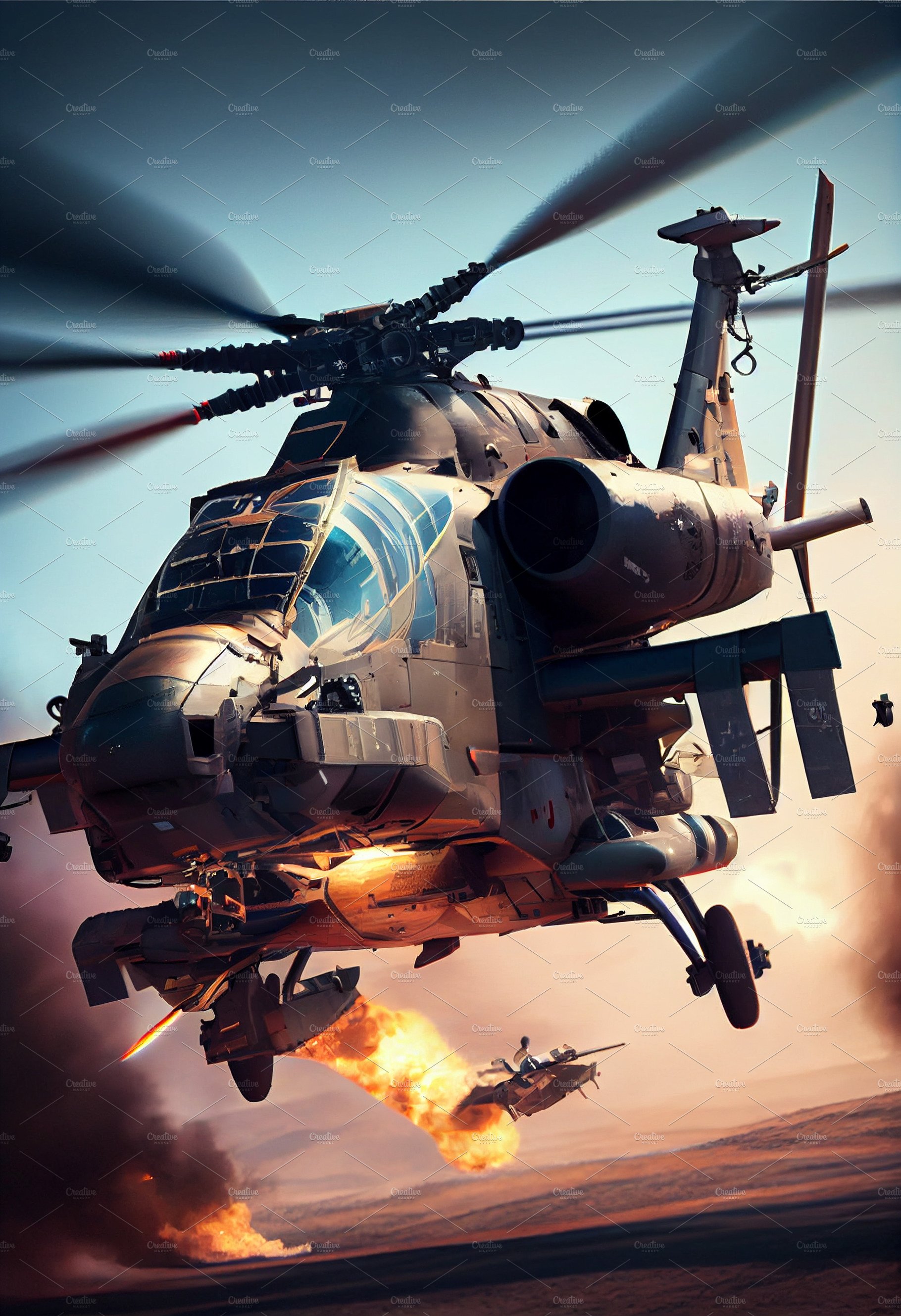Helicopter Gunship Unleashing Missile attack. Military helicopter cover image.