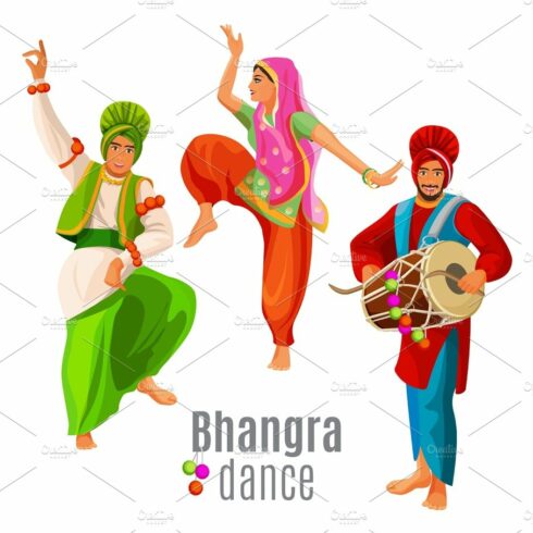 Bhangra dance concept men and woman in national cloth dancing cover image.