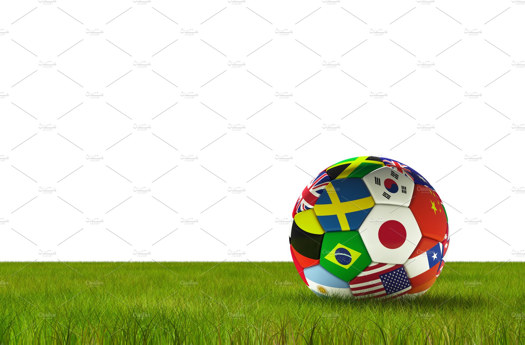 Soccer football with country flags isolated on white background with lush g... cover image.