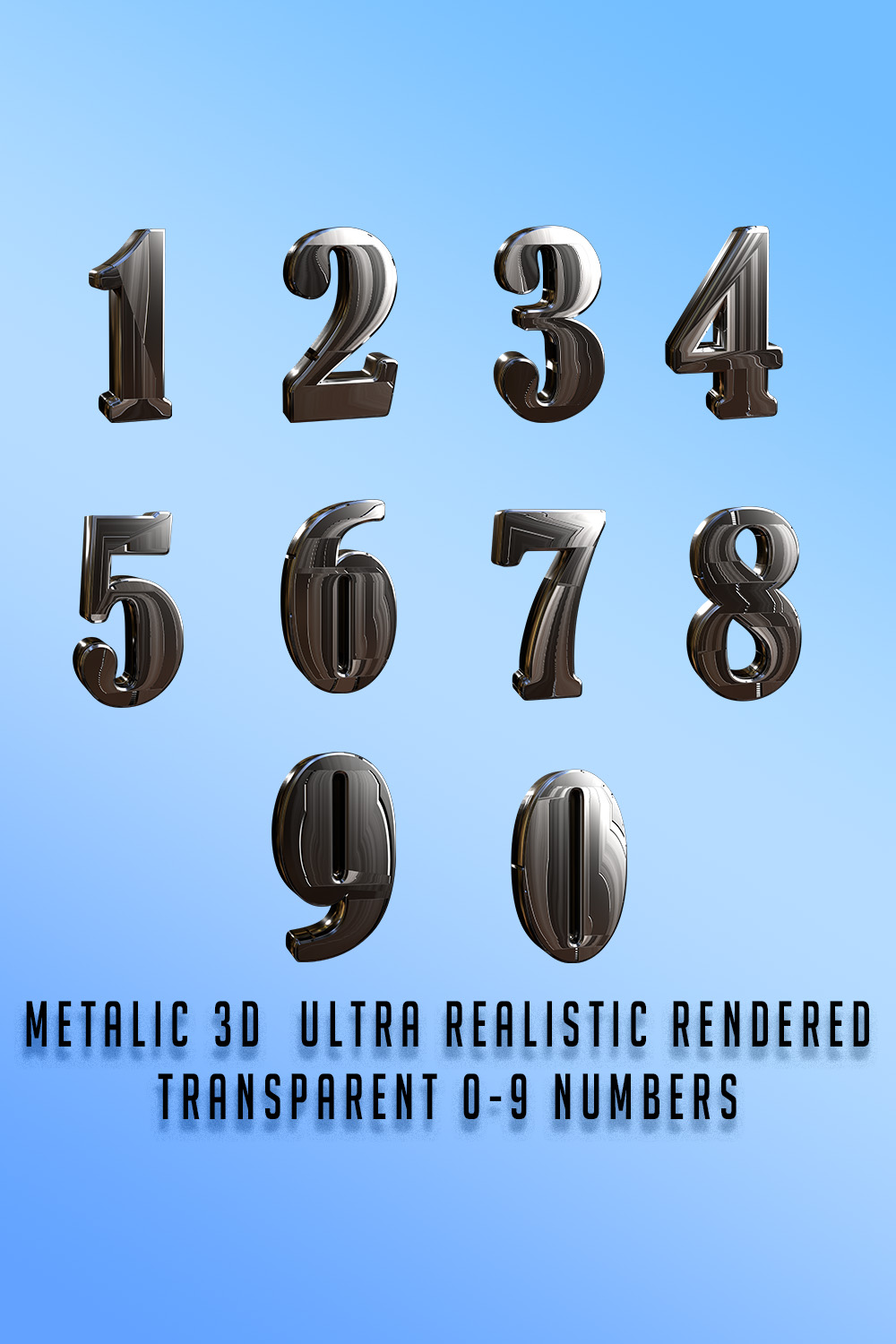 Ultra Realistic Metallic 3D Rendered Futuristic 0-9 Numbers In PNG with Transparent Background pinterest preview image.