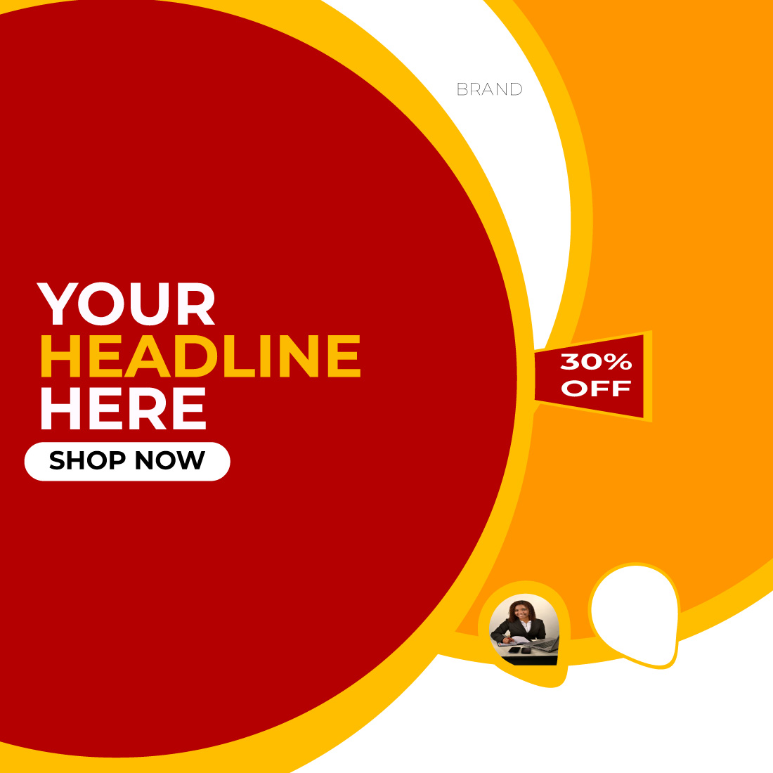 Red and yellow circular banner with a picture of a man.
