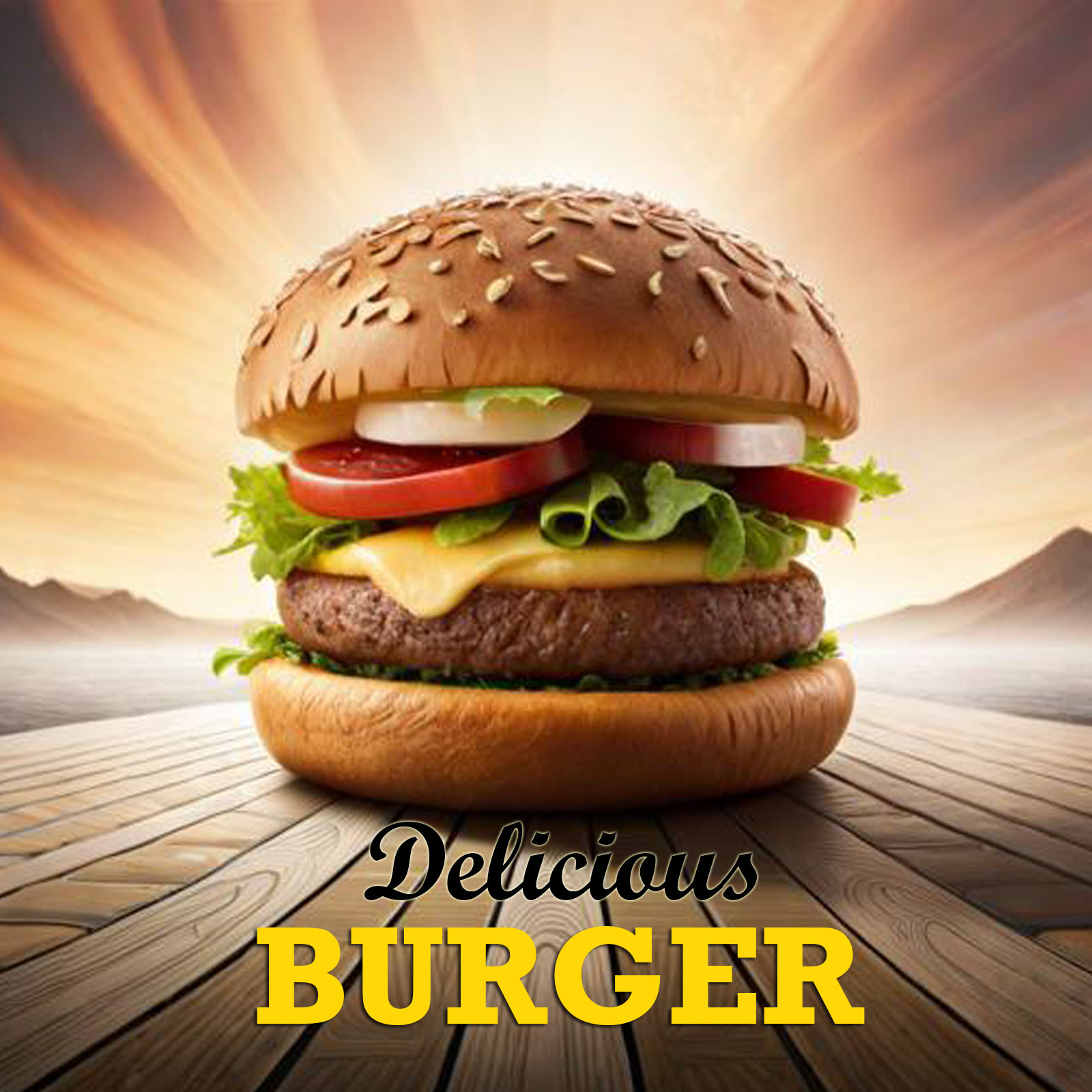 Yellow Modern Delicious Burger Food Social Media Post Template preview image.