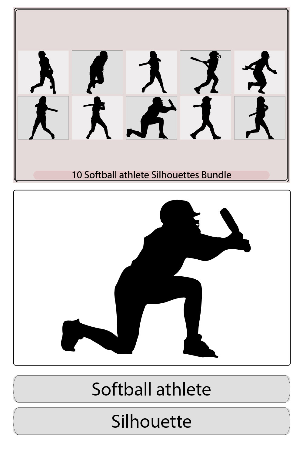 Softball player silhouettes, Softball silhouettes,Set of Baseball player silhouette vector illustrations,Baseball player detailed silhouettes pinterest preview image.