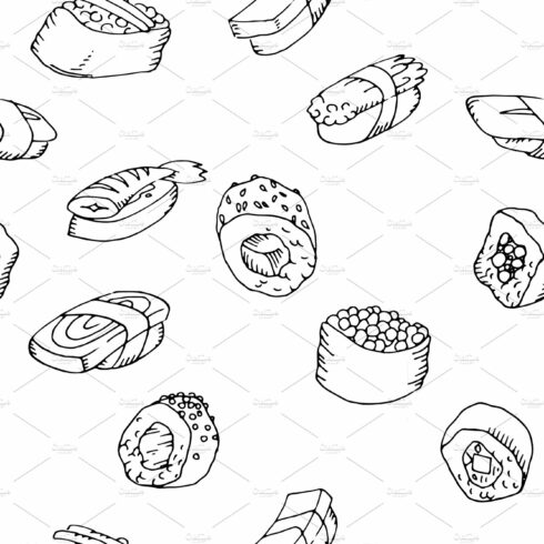 Seamless pattern sushi set cover image.