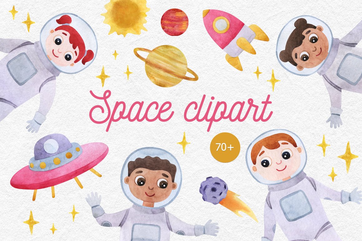 Watercolor space clipart with planet cover image.