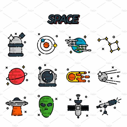 Space flat icons set cover image.