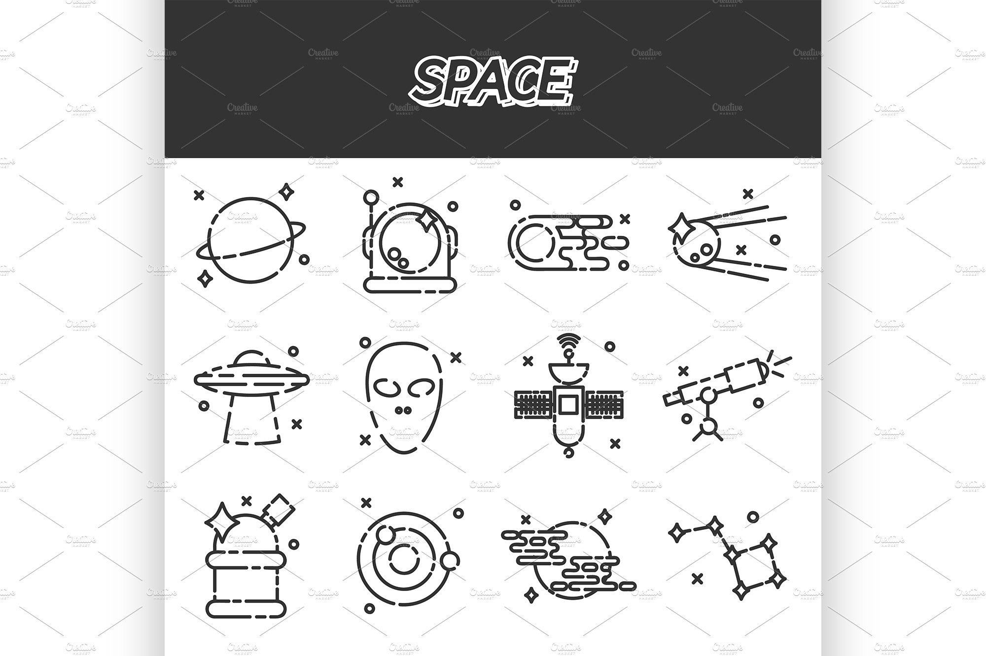 Space flat icons set cover image.