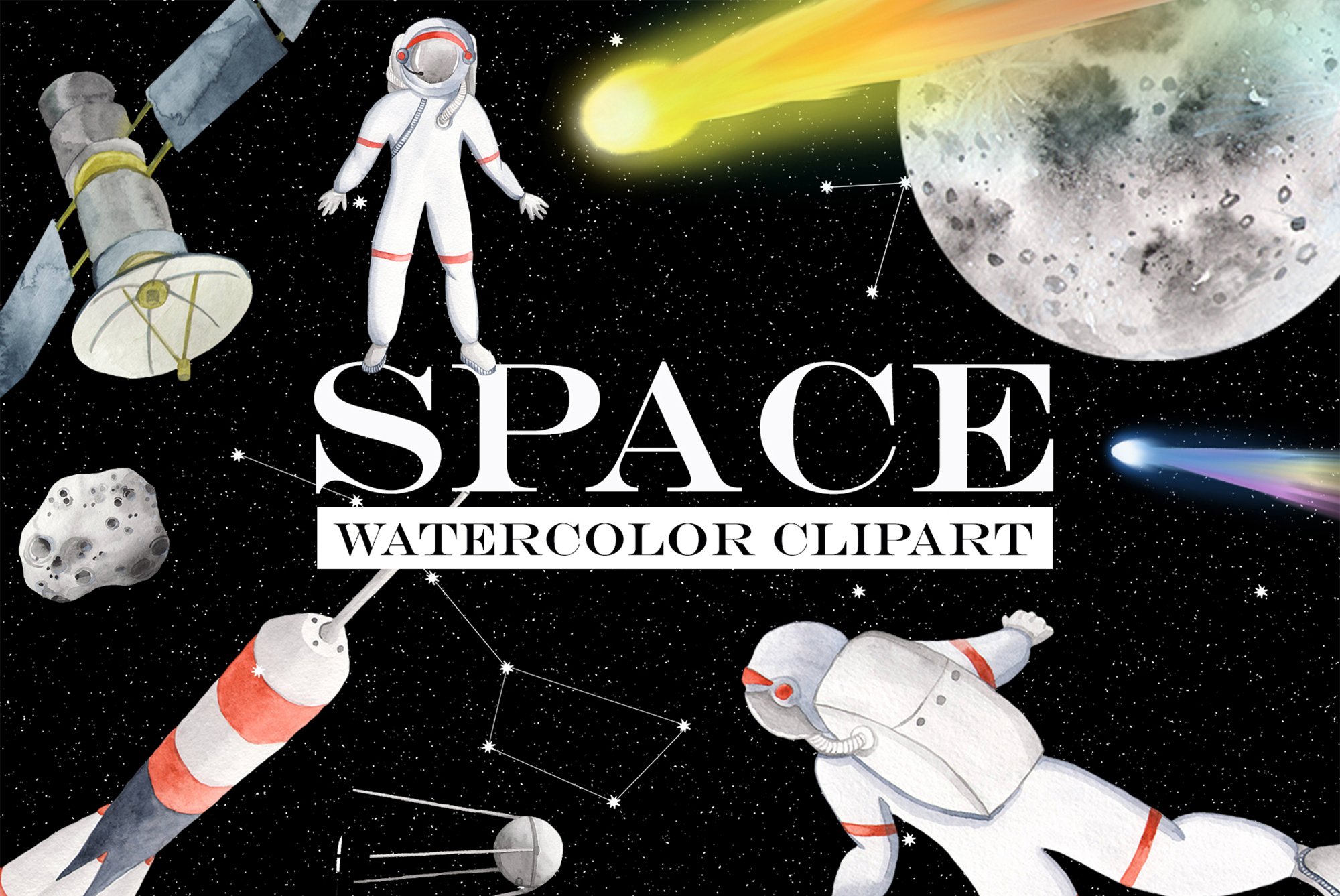 Space Watercolor clipart cover image.