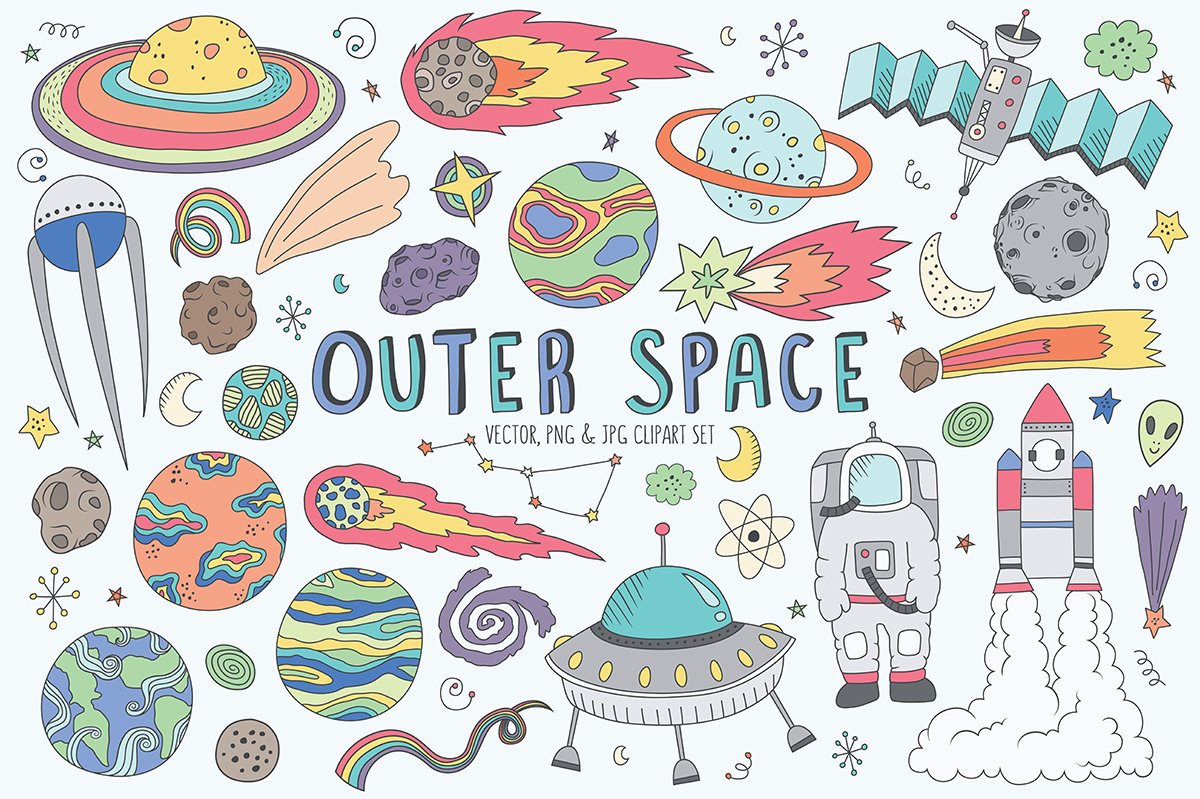 Space Doodles Cute Clip Art Set cover image.