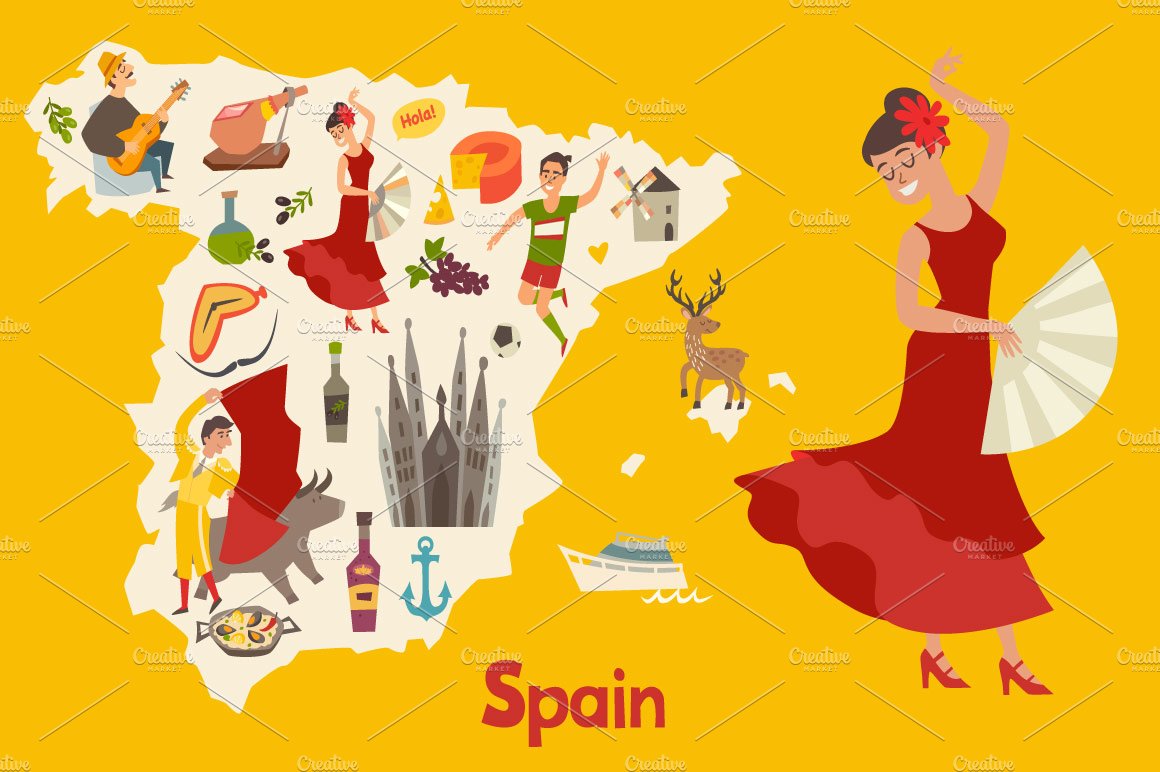 Spainish landmark, Spain vector map cover image.
