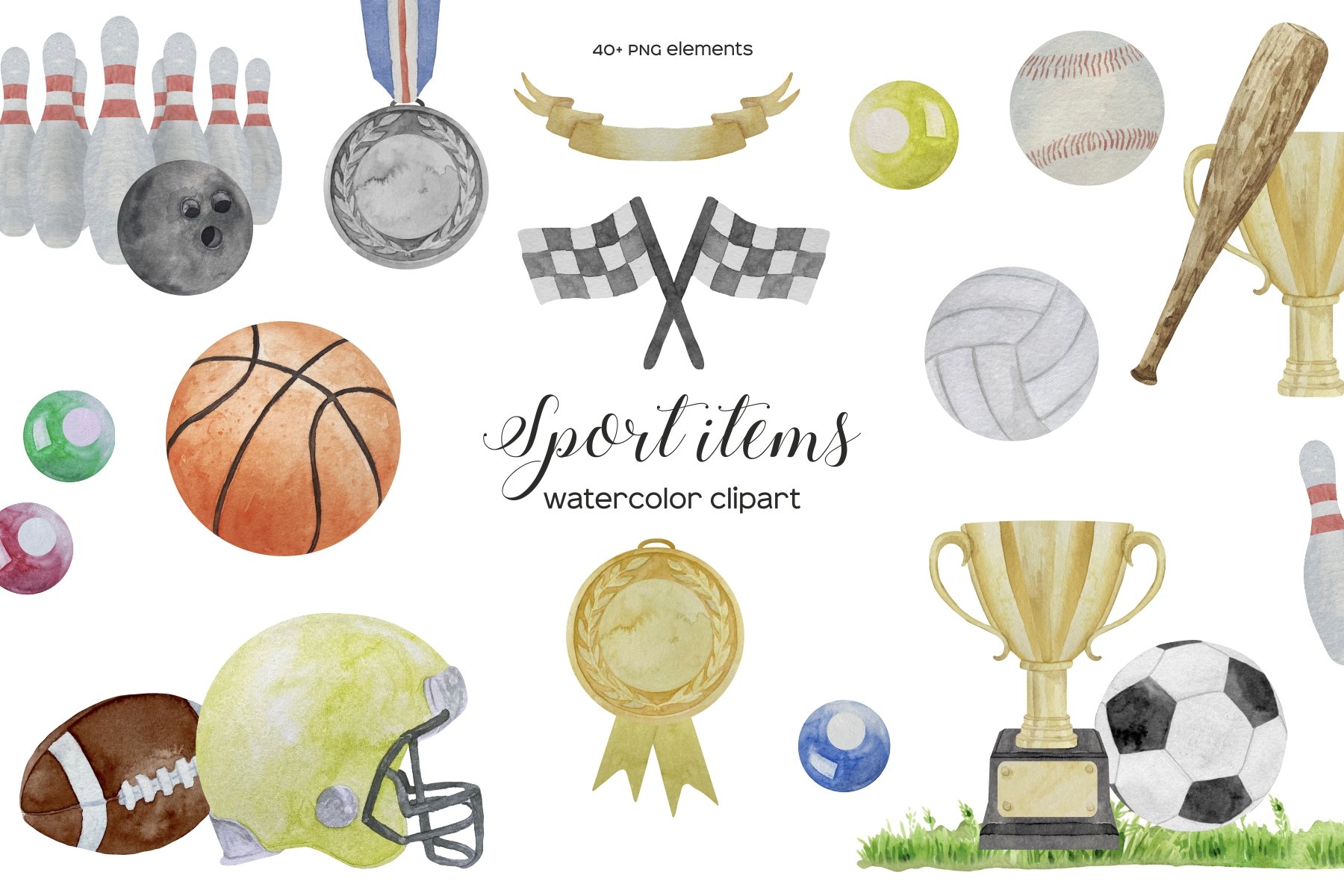 Watercolor Sport Equipment Clipart cover image.