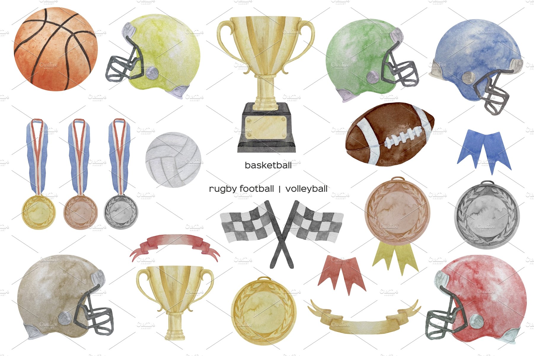 Watercolor Sport Equipment Clipart preview image.